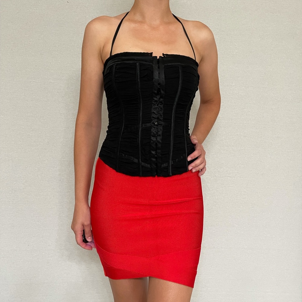 bebe Black Ruched Halter Corset Top